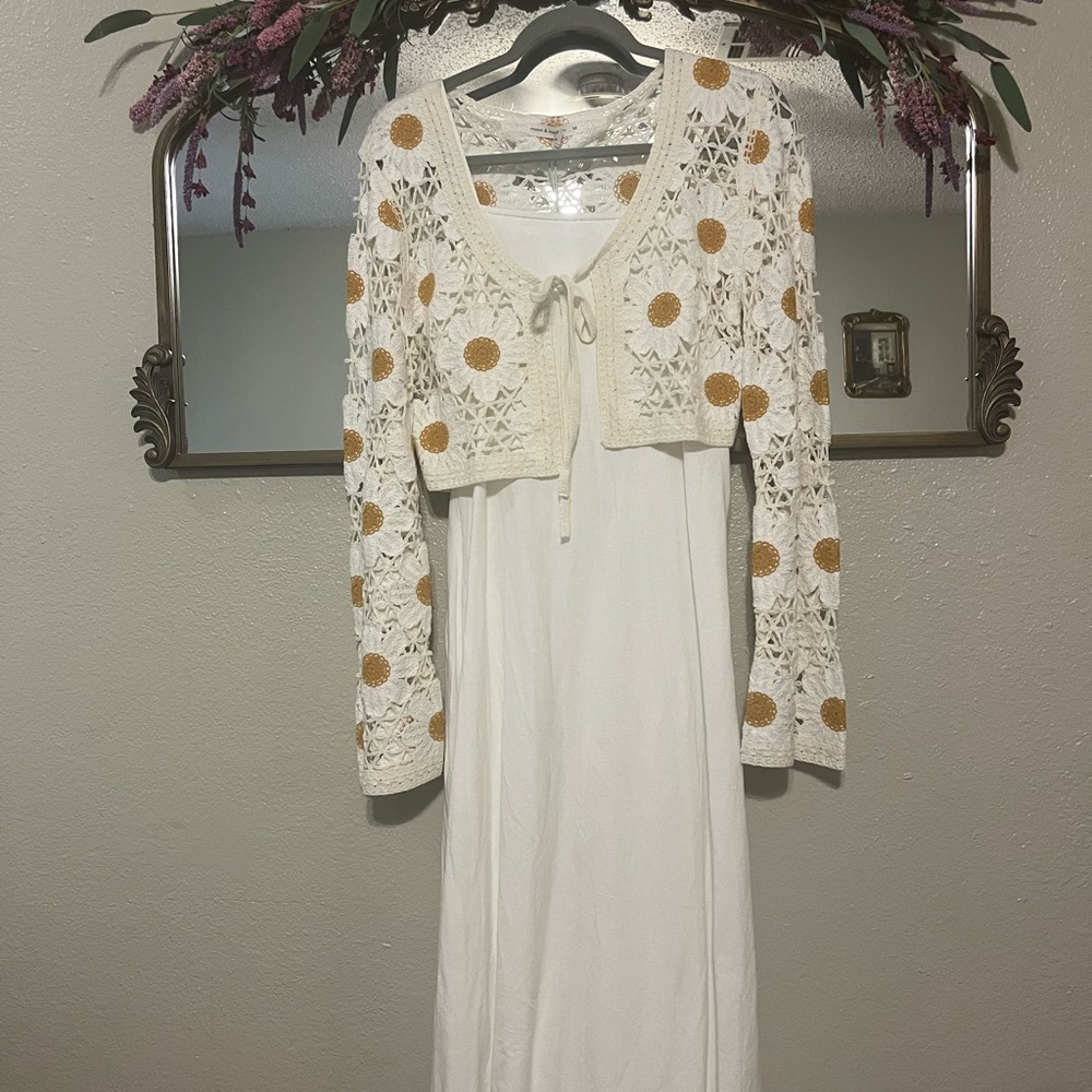 White Dress with Crochet Cardigan